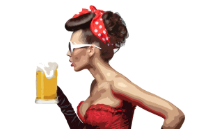 femme robe de soirée tiens une pinte de bière